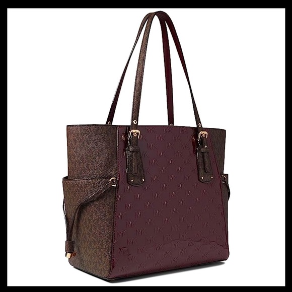 MICHAEL KORS Voyager East/West Tote Merlot With Brown MK Logo - Picture 2 of 16
